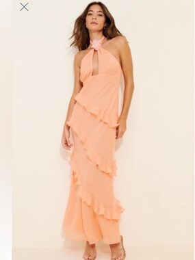 For Love and Lemons x Nuuly Kamory Peach Ruffle Halter Maxi Dress